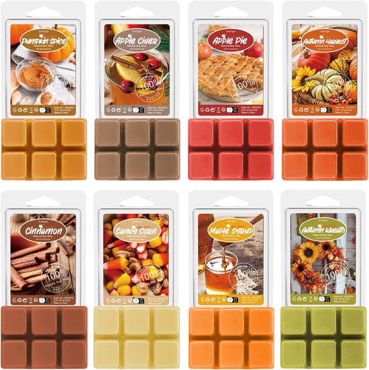 Autumn Scented Wax Melts, Scented Soy Wax Cubes Gift Set for Wax Warmer-Pumpkin Spice, Apple Cider, Apple Pie, Autumn Harvest, Cinnamon, Maple Syrup, Candy Corn, and Autumn Wreath, 8X2.5Oz