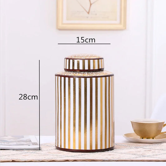 Creativity Ceramics Vase with Cover Golden Stripe Modern Storage Jar Modern Home Desktop Flower Arrangement Vases Decoration