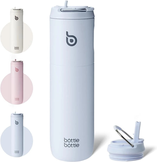 Insulated Water Bottle 24Oz with Straw Lid and Handle for Sports Travel Gym Stainless Steel Water Bottles Double-Wall Vacuum Metal Leak Proof Bpa-Free Light Blue