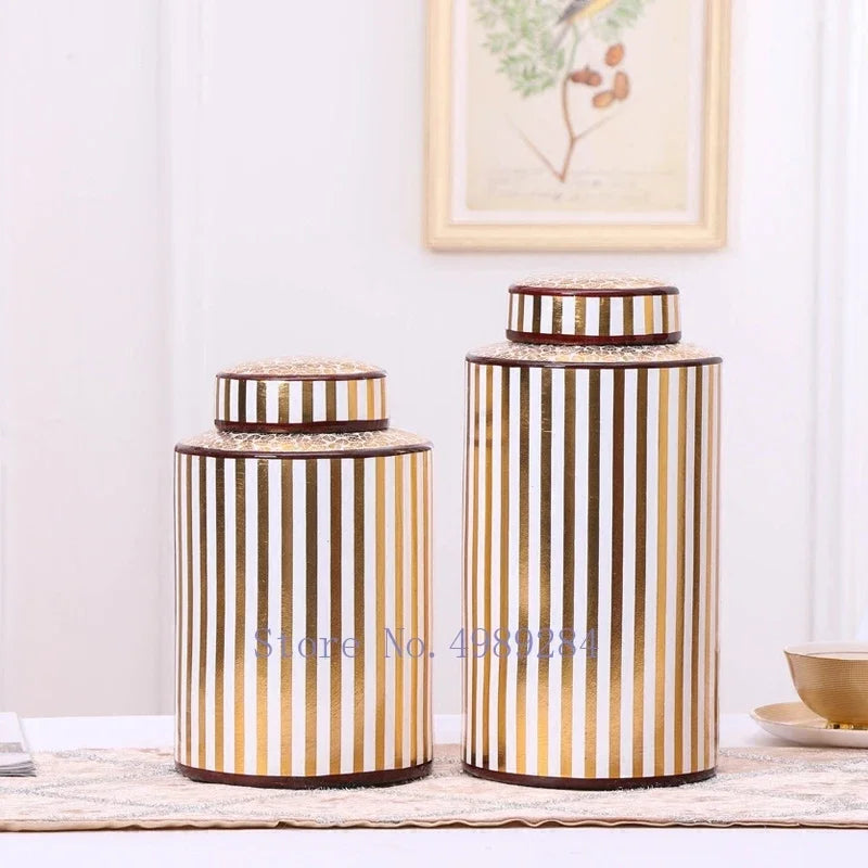 Creativity Ceramics Vase with Cover Golden Stripe Modern Storage Jar Modern Home Desktop Flower Arrangement Vases Decoration